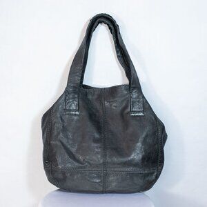 The Sak Leather Shoulder Bag Two Handles Stitched Accent Black Large